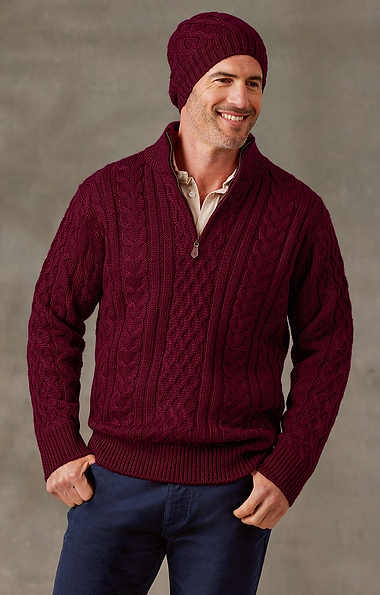 Men's Pure New Wool Aran T-Zip