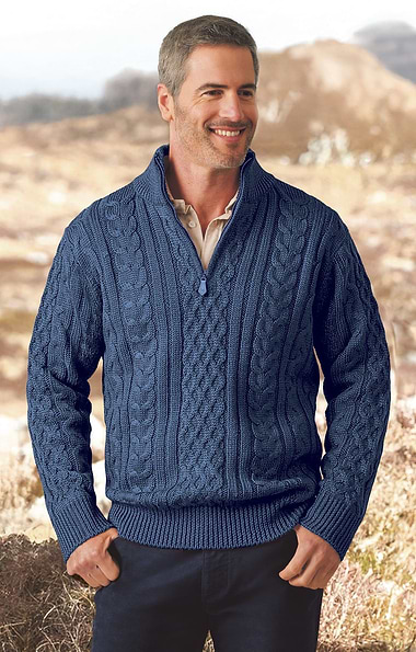 Men's Pure New Wool Aran T-Zip