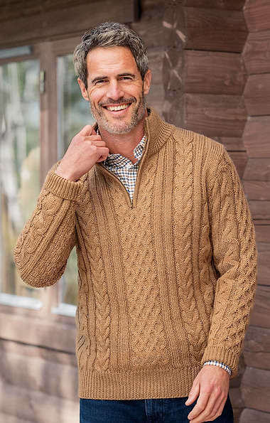 Men's Pure New Wool Aran T-Zip