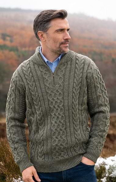 Men's Pure New Wool Aran T-Zip