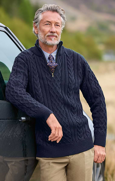 Men's Pure New Wool Aran T-Zip