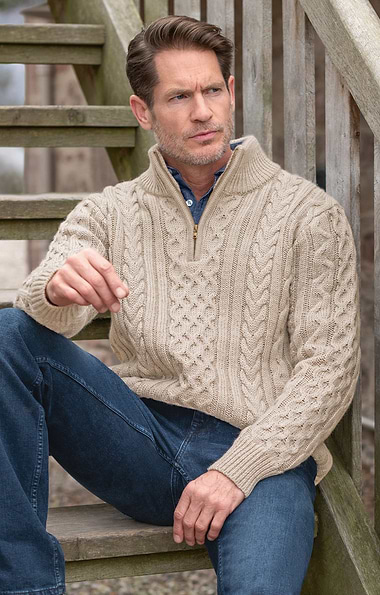 Men's Pure New Wool Aran T-Zip