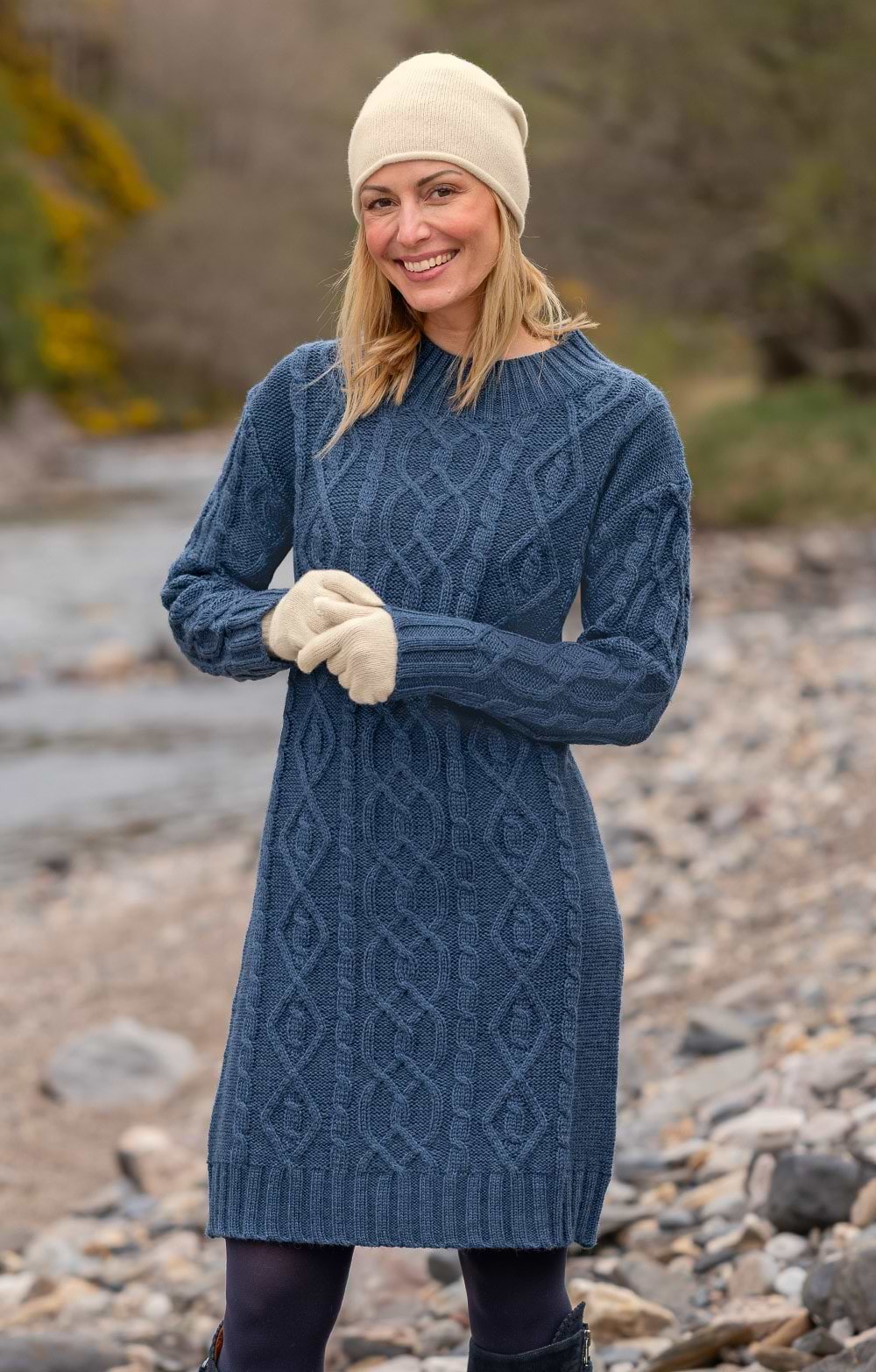 Ladies Pure New Wool Aran Knit Dress, Navy - House of Bruar