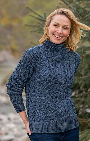Ladies Pure New Wool Cable Knit Roll Neck Jumper