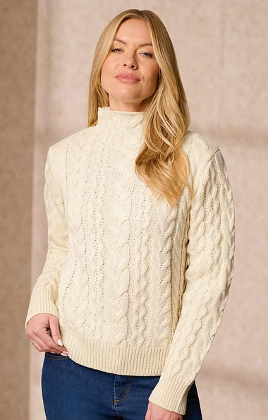 Ladies Pure New Wool Cable Knit Roll Neck Jumper