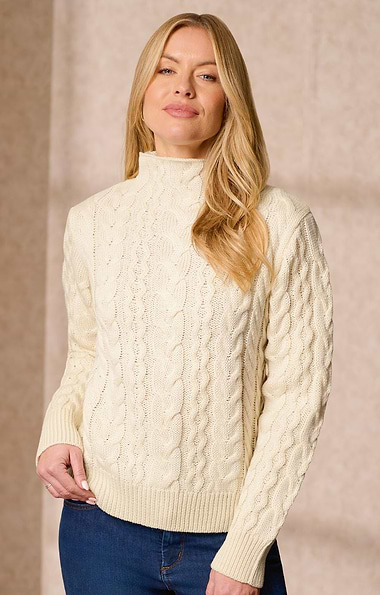 Ladies Pure New Wool Cable Knit Roll Neck Jumper