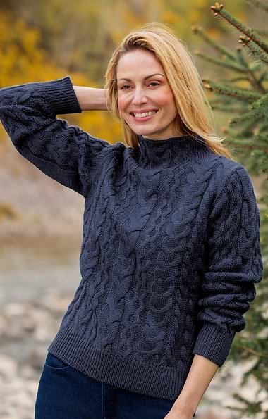 Ladies Pure New Wool Cable Knit Roll Neck Jumper