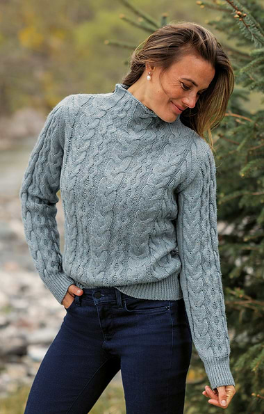 Ladies Pure New Wool Cable Knit Roll Neck Jumper