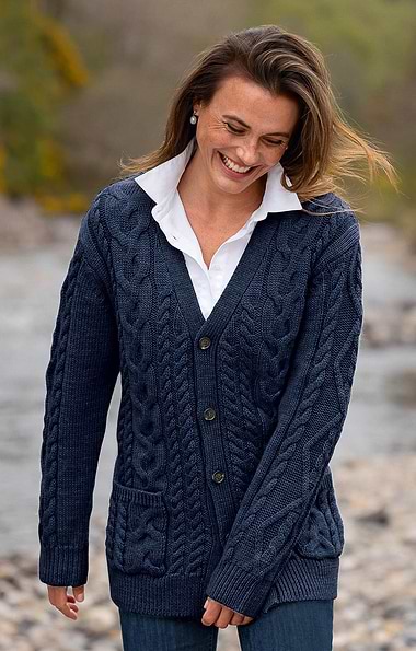 Ladies Aran Cable V-Neck Cardigan