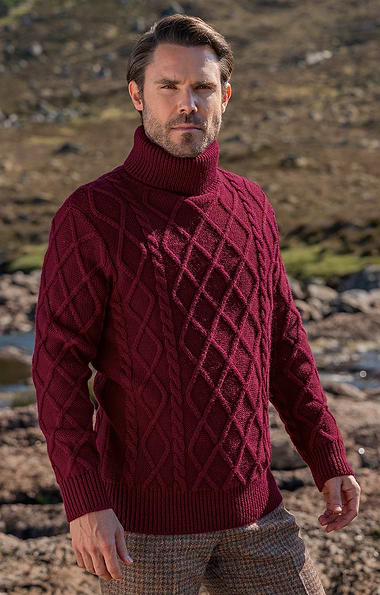 Men's Pure New Wool Aran Roll Neck Jumper
