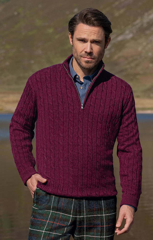 Men's Lambswool Cable T-Zip Jumper