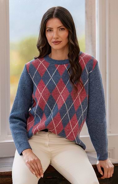 Ladies Lambswool Argyle Crew Neck Jumper