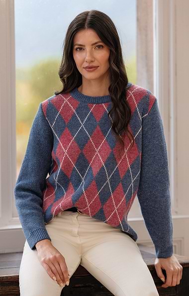 Ladies Lambswool Argyle Crew Neck Jumper