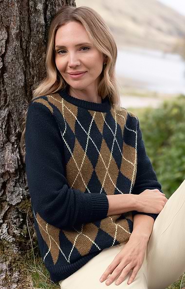 Ladies Lambswool Argyle Crew Neck Jumper