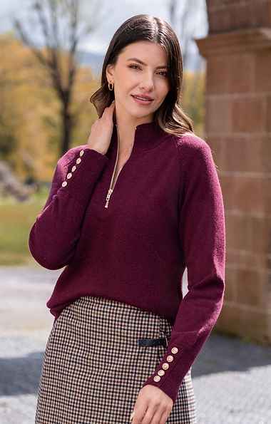 Ladies Lambswool Gold Button Zip Neck
