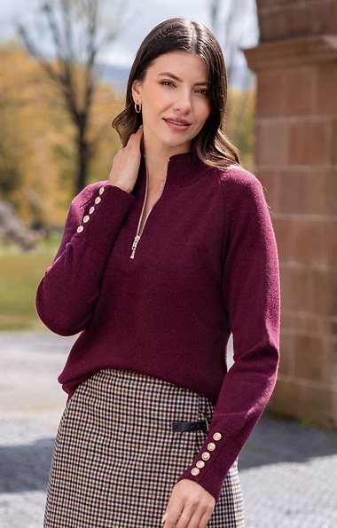 Ladies Lambswool Gold Button Zip Neck