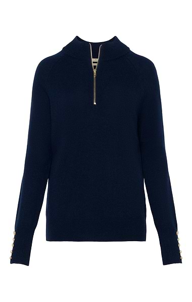 Ladies Lambswool Gold Button Zip Neck