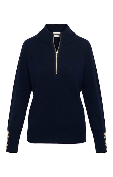 Ladies Lambswool Gold Button Zip Neck
