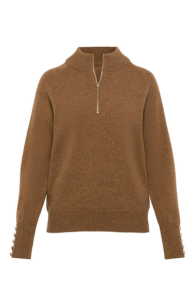 Ladies Lambswool Gold Button Zip Neck