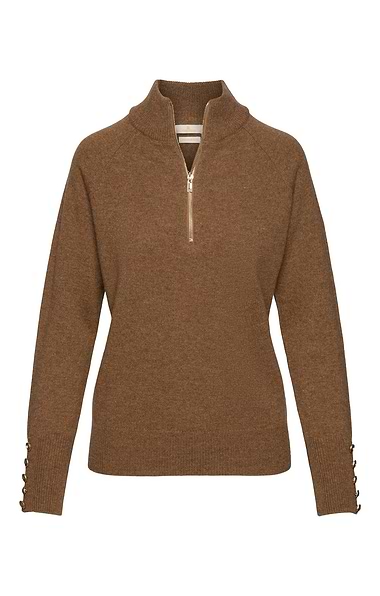 Ladies Lambswool Gold Button Zip Neck