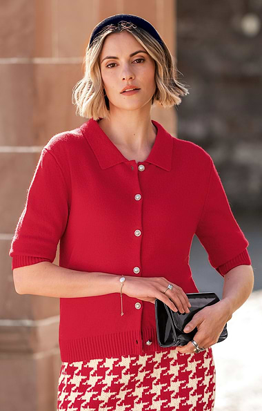 Ladies Lambswool Short Sleeve Pearl Button Cardigan