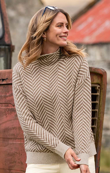 Ladies Lambswool Herringbone Funnel Neck Sweater