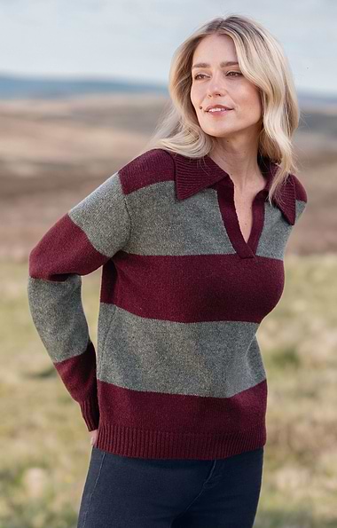 Ladies Lambswool Wide Collar Stripe Knit Shirt