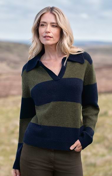 Ladies Lambswool Wide Collar Stripe Knit Shirt