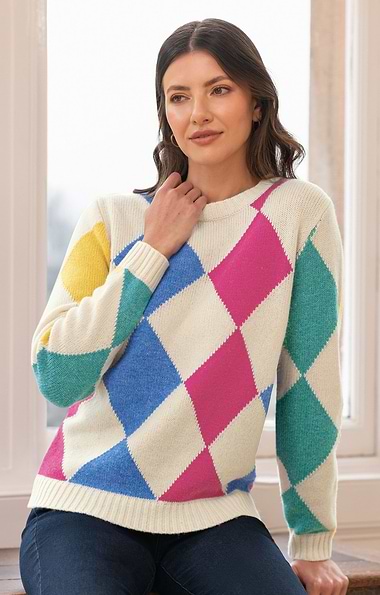 Ladies House of Bruar Lambswool Vertical Diamond Crew