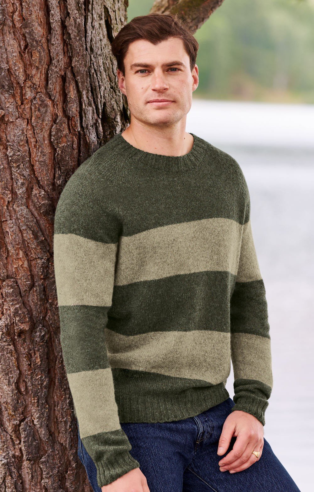 Mens Shetland Striped Sweater, Green - House of Bruar