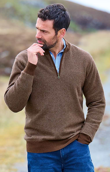 Men's Cashmere Herringbone T-Zip
