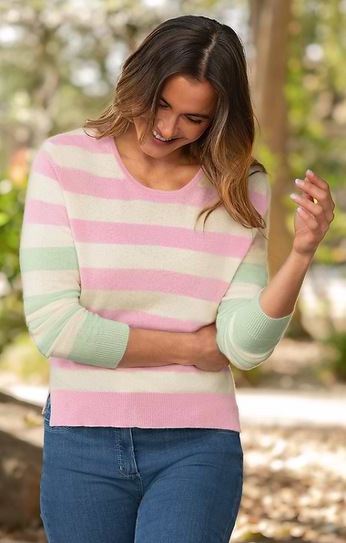 Ladies Pure Cashmere Multicolour Stripe Crew Neck Jumper