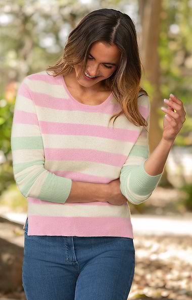 Ladies Pure Cashmere Multicolour Stripe Crew Neck Jumper