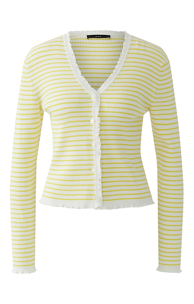 Ladies Oui Stripe V Neck Frilled Cardigan