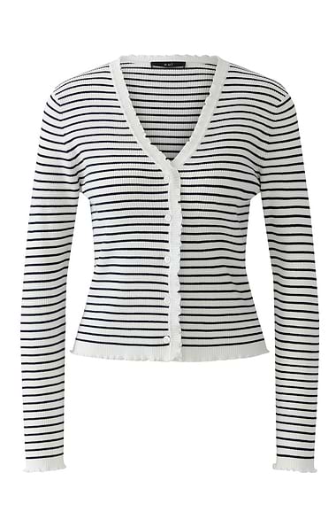 Ladies Oui Stripe V Neck Frill Cardigan
