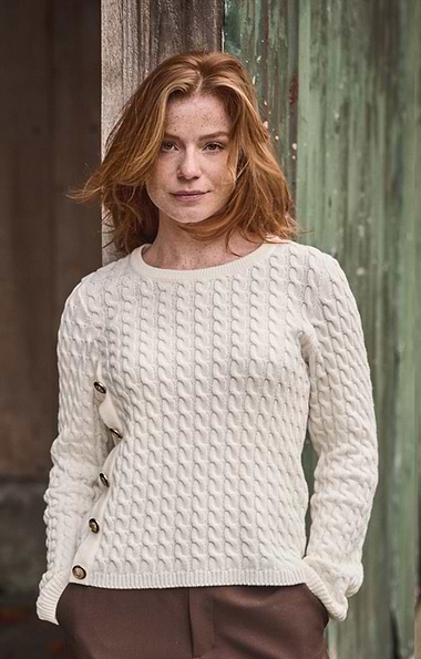 Ladies Cotton Blend Button Side Cable Crew Neck