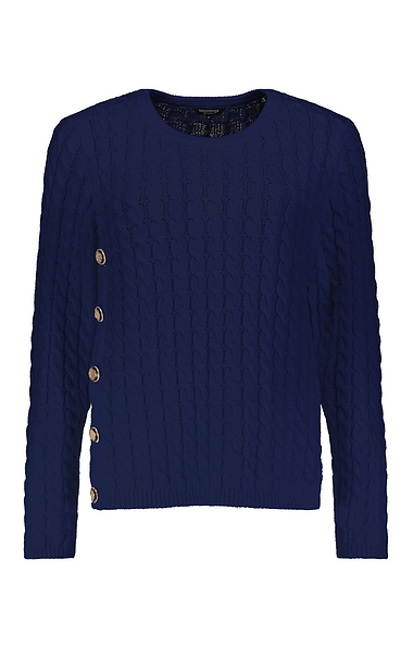 Ladies Cotton Blend Button Side Cable Crew Neck