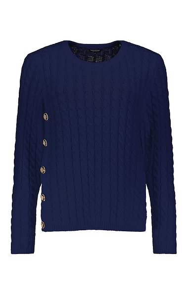 Ladies Cotton Blend Button Side Cable Crew Neck