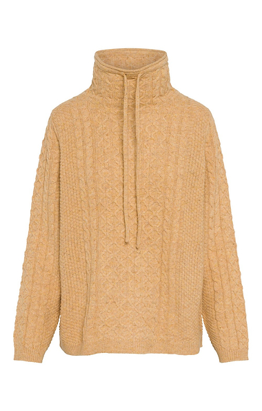 Ladies Funnel Neck Drawstring Cable Knit Sweater