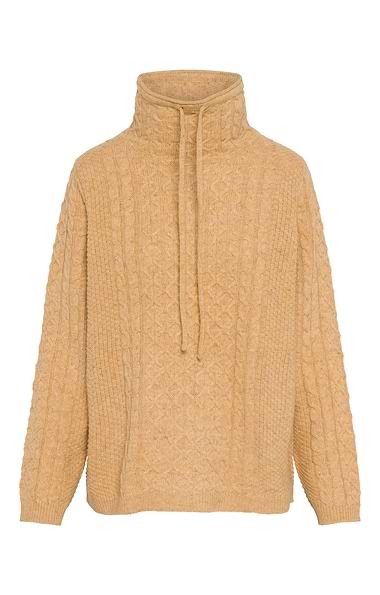 Ladies Funnel Neck Drawstring Cable Knit Sweater