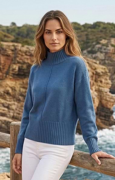 Ladies Deep Rib Edge Funnel Neck Jumper