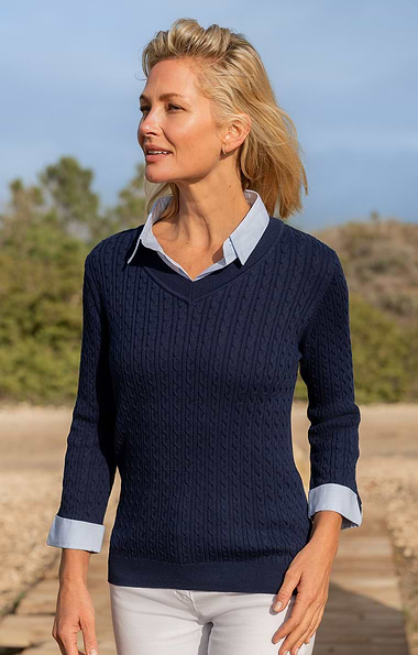 Ladies Stripe Collar Cotton Cable Knit Jumper
