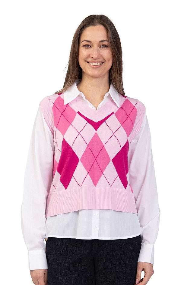 Ladies Argyle Print Knit Vest And Shirt