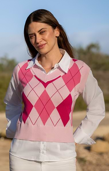 Ladies Argyle Print Knit Vest And Shirt