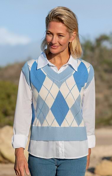Ladies Argyle Print Knit Vest And Shirt