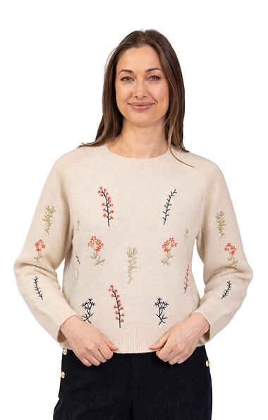 Ladies Floral Embroidered Knit Crew Neck Jumper