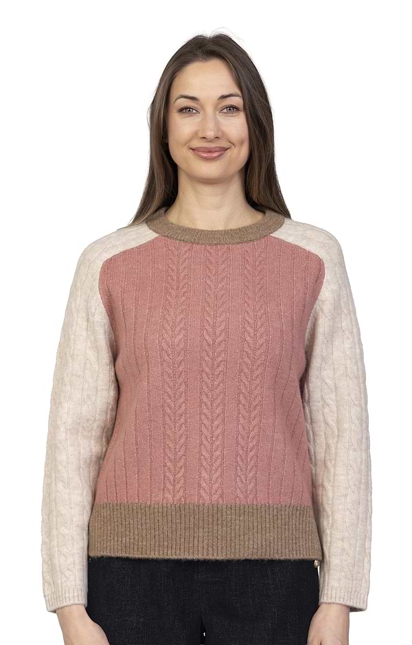 Ladies Colour Block Cable Crew Neck Jumper