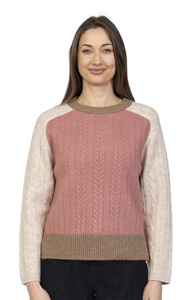 Ladies Colour Block Cable Crew Neck Jumper