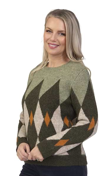 Ladies Argyle Knit Crew Neck Jumper