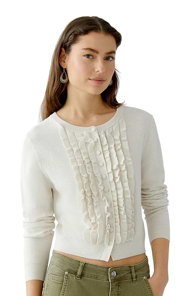 Ladies Oui Cotton Ruffle Knit Cardigan